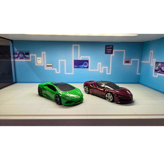 1/64 Auto Showcase Diorama with Blue City Skyline Walls