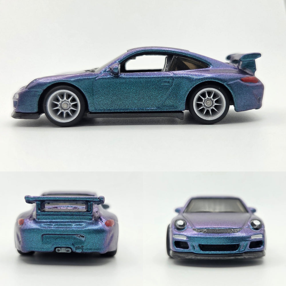 Restored Porsche 911 GT3 - Galaxy Blue/Purple with Silver Wheels - Signed Acrylic Display Case
