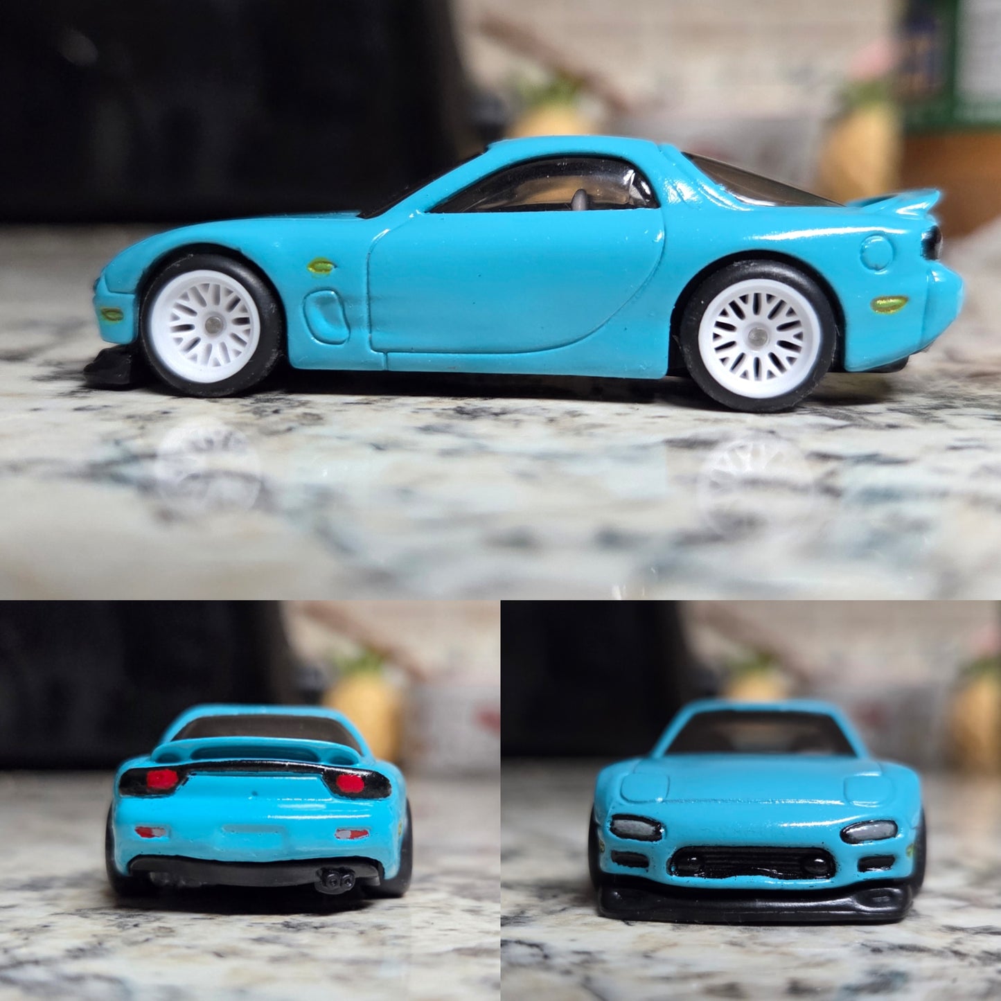 Custom Mazda RX7 - Pearl Coral Blue with White Wheels - Signed Display Case